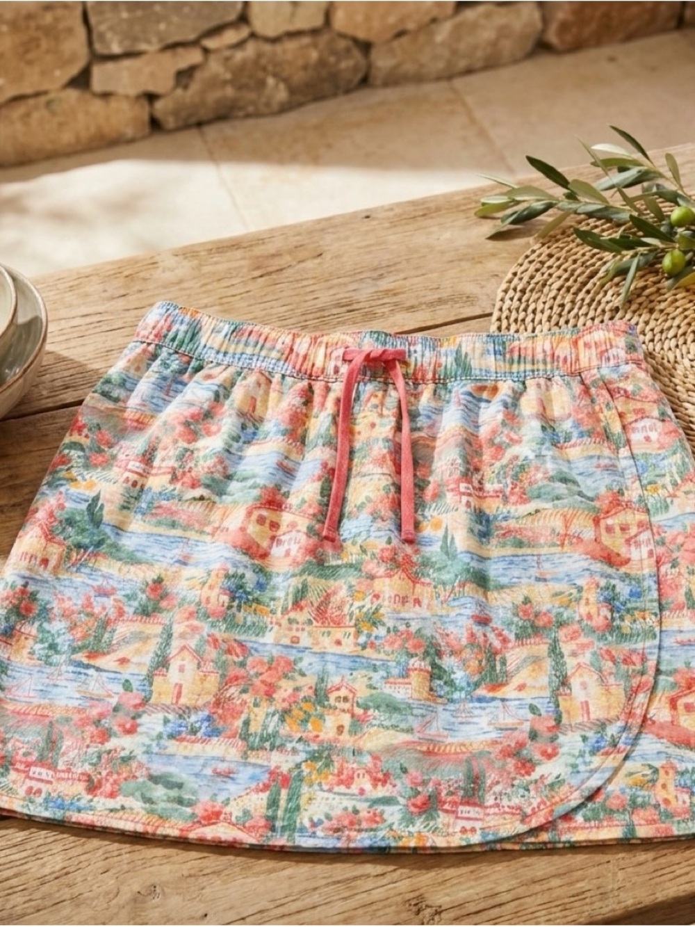 Kim Rogers Coral Drawstring Multicolor Coastal Print Swim Cover-Up Skirt